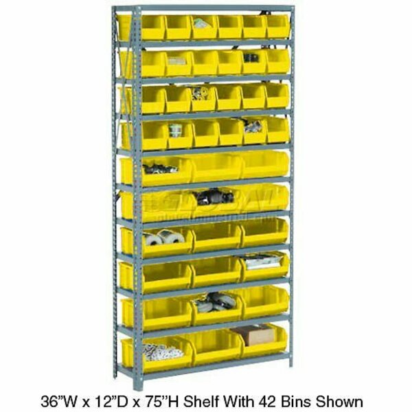 Global Industrial Steel Open Shelving, 30 Yellow Plastic Stacking Bins 11 Shelves, 36x12x73 603250YL